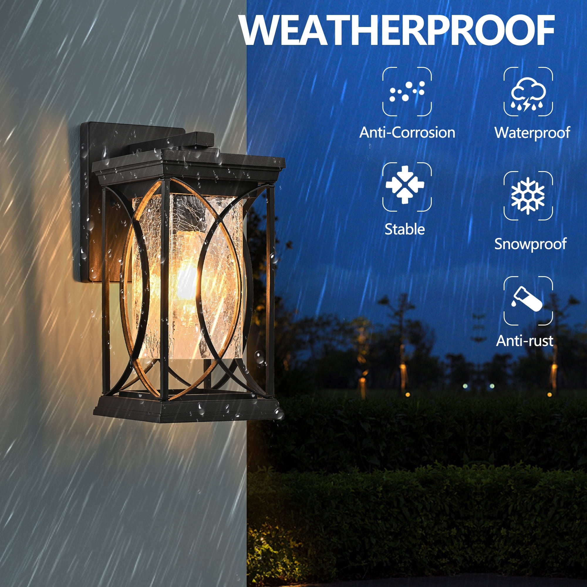 Black Outdoor Wall Lantern 14 Inch H with Crackled Glass Weather-Resistant Exterior Light for Porch, Black