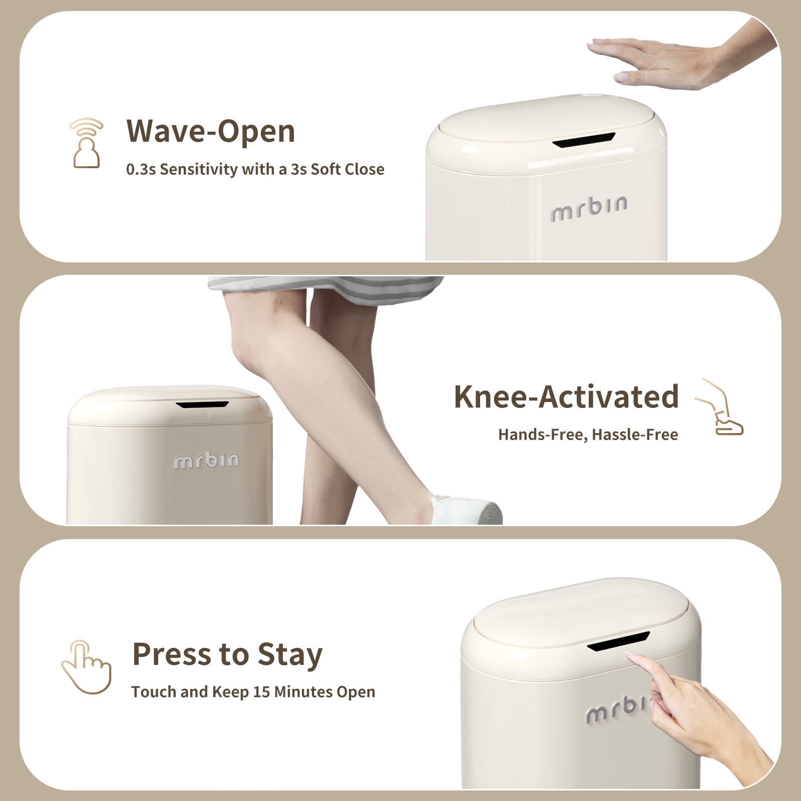 MRBIN Automatic Trash Can for Bathroom, Metal Touchless Garbage Bin with Lid, 3.2 Gallon Small Slim Trash Can for Office and Kitchen, Electric Motion Sensor Bedroom No Touch Bin, Cream White