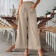thumbnail image 2 of Pantalones rectos lisos de mujer con bolsillos de imitación de lino - Tejido similar al lino, cintura elástica, ropa para el trabajo diario, yoga y playa, 2 of 6