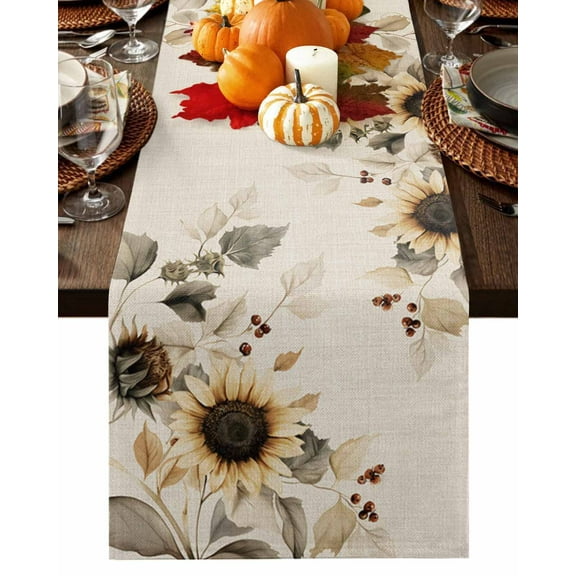 Watercolor Sunflower Leaves on Linen Table Runner-36 Inch Long Vintage Floral Table Runners Linen Burlap Tablerunner for Kitchen Dining Room Holiday Party
