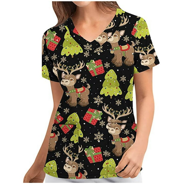 Blusas Navideñas Para Mujer Moda Con Cuello en V Casual Manga Corta Bolsillos Estampados Blusa Para Mujer Odeerbi ODB206040