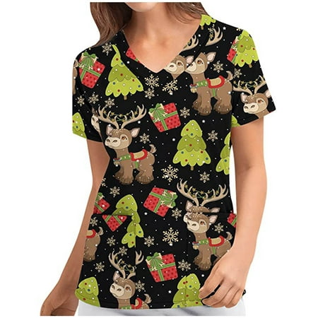 

Christmas Scrub Tops Women Casual V Neck Short Sleeve Nurse Uniforms Santa Claus Xmas Tree Print Medical Scrub Shirts
