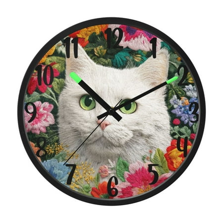 RMDQTR 12 Inch Sound-Activated LED Night Light Wall Clock Silent Sweep Movement Acrylic Face Battery-Operated for Bedroom/Living Room/School / Green Eyes Cat