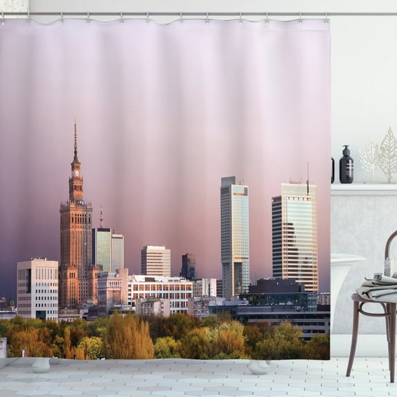 Polish Shower Curtain, Picturesque of Warsaw Capital City Before the Sunset Srodmiescie Palace of Culture, Fabric Bathroom Set with Hooks, 69W X 84L Inches Extra Long, Multicolor, by Ambesonne
