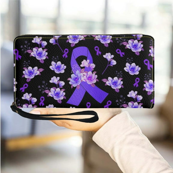 Breast Cancer Design Women Wallets Purple Flower Leather Travel Girls Purse with Zipper Casual Portable Female My Bags