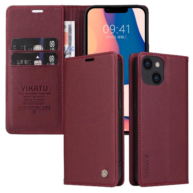 Funda para iPhone 15 Estuche de Cuero PU Tipo Cartera con Ranuras para Tarjetas y Cierre Magnético