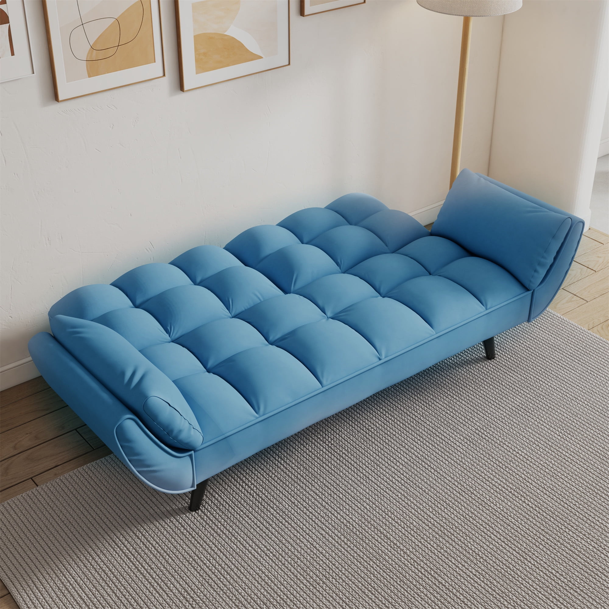 Aukfa 75" Flared Arm Futon Convertible Sofa Bed, Velvet Sleeper Couch for Home Office, Blue