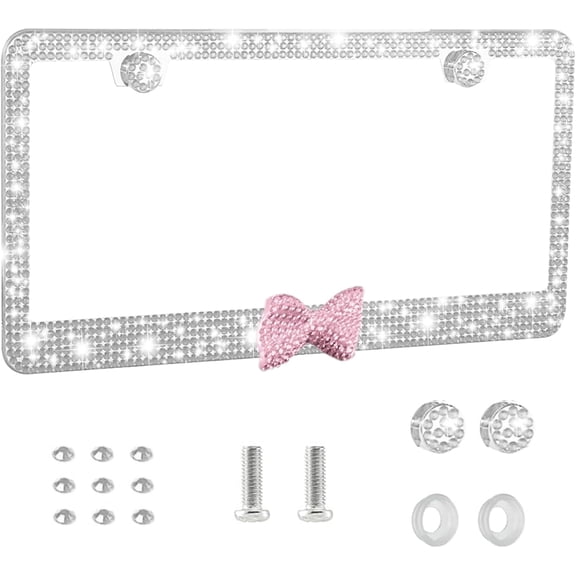 Bling License Plate Frame for Women - Sparkly Diamond Car Tag Cover with Rhinestone Crystals & Gift Bow, Stainless Steel Luxury Car Accessories for Her (White Pink Bow)