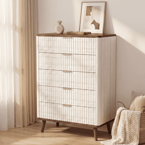 TrumanPick Fluted Dresser for Bedroom with 5 Drawers, 62"H Tall Chest of Drawers with Metal Handle, Modern Wooden Dresser for Living Room Closet Hallway, Natural & Walnut