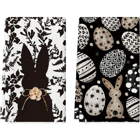 Black Bunny Eggs Flower Easter Kitchen Towels Dish Towels, 18x26 Inch Spring Farmhouse Leaves Decoration Hand Towels Set of 2
