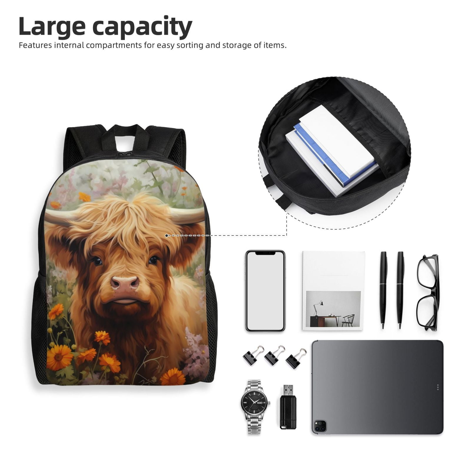 Horeoi Cute Floral Cow Print Waterproof 600D Oxford Laptop Backpack for School Travel Work - Lightweight Durable Bag with Adjustable Straps