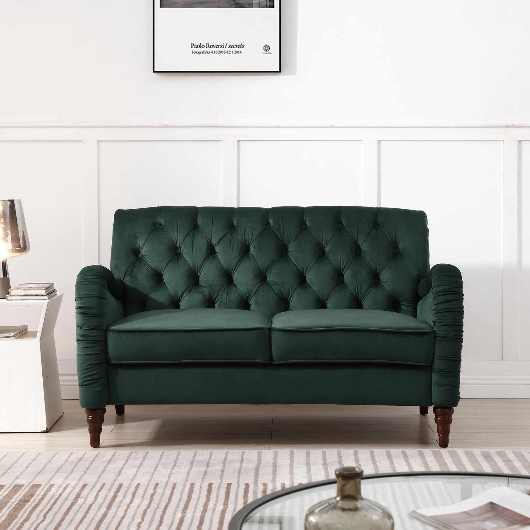 Modern Velvet Sofa Couch with Wooden Circle Shape Legs, Mid Century