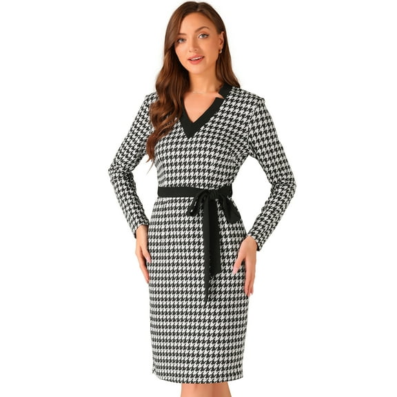 DARING DIVA V Neck Houndstooth Knit Belted Pencil Dress XS Black