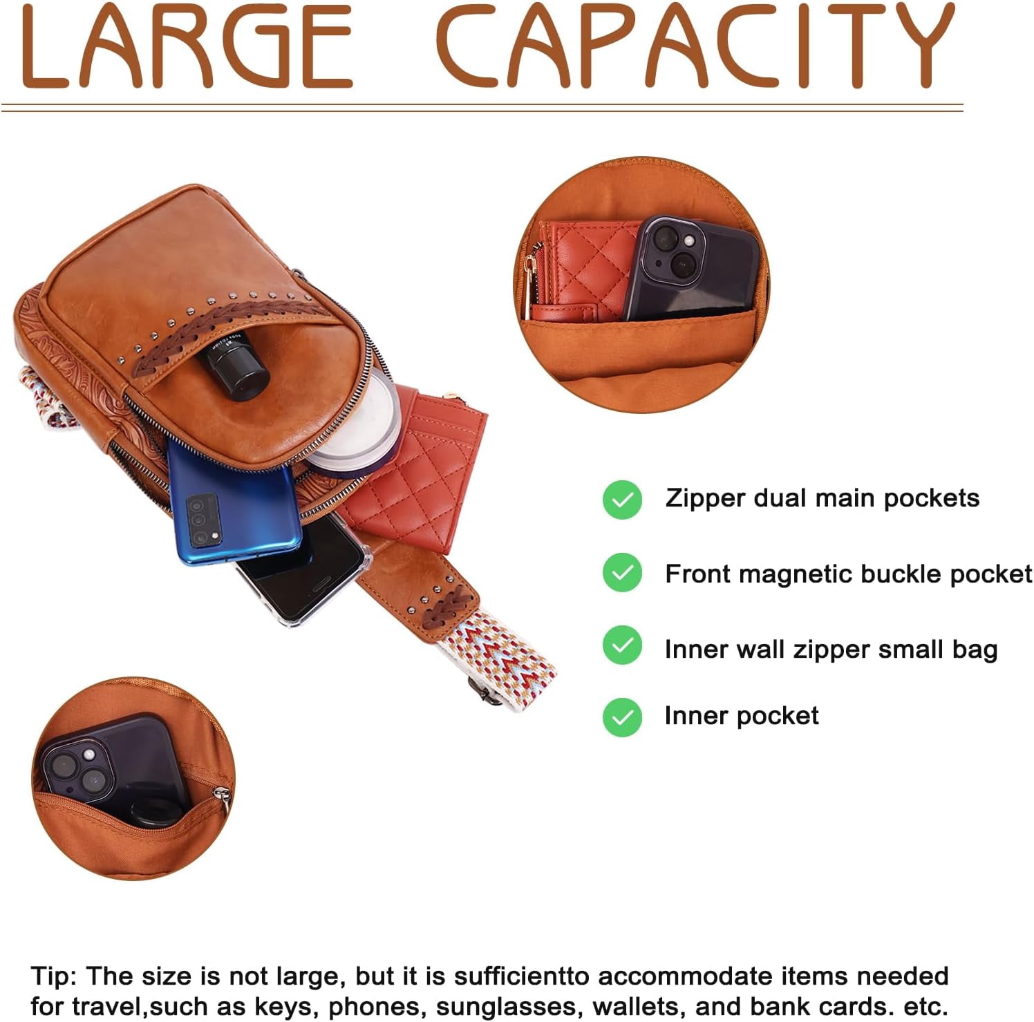 Sling Bag Crossbody Bags for women, Vintage Leather Fanny Pack for Men with Zipper, Adjustable Guitar Strap Anti Theft Crossbody Purse Travel(Brown)
