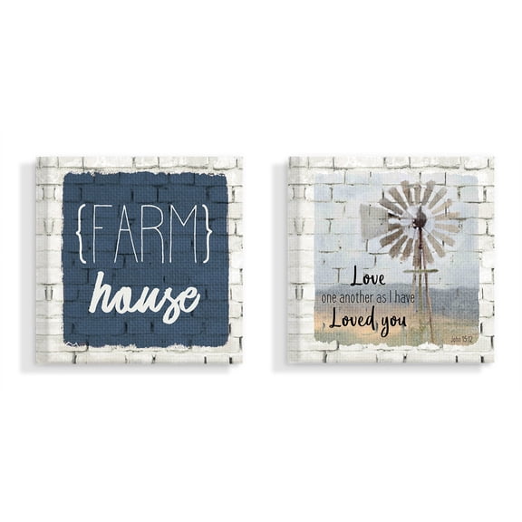 The Stupell Home Decor Collection Grateful Thankful Blessed Farm House White Brick Look 2pc Stretched Canvas Wall Art Set, 17 x 1.5 x 17