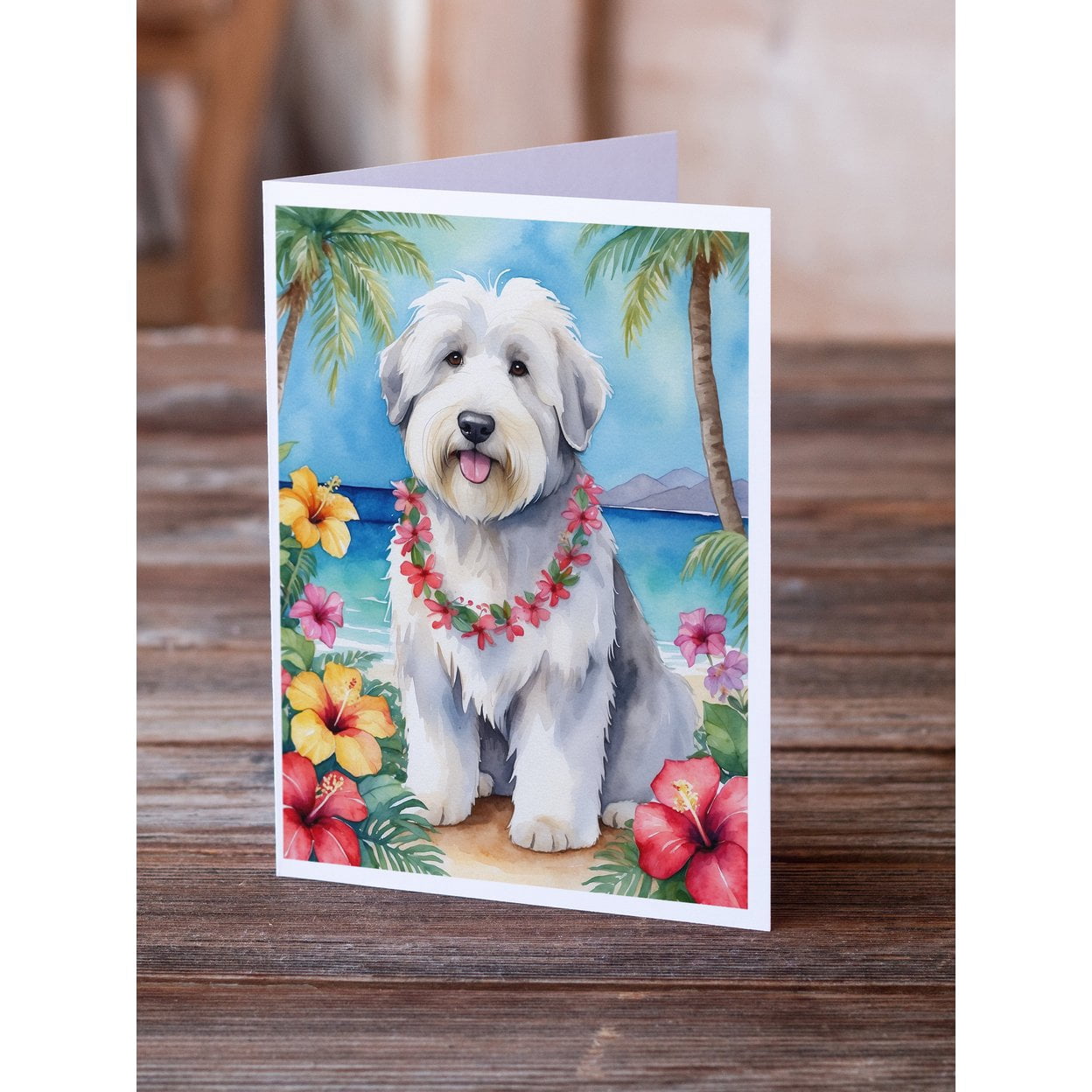 Old English Sheepdog Luau Greeting Cards Pack of 8 7 in x 5 in