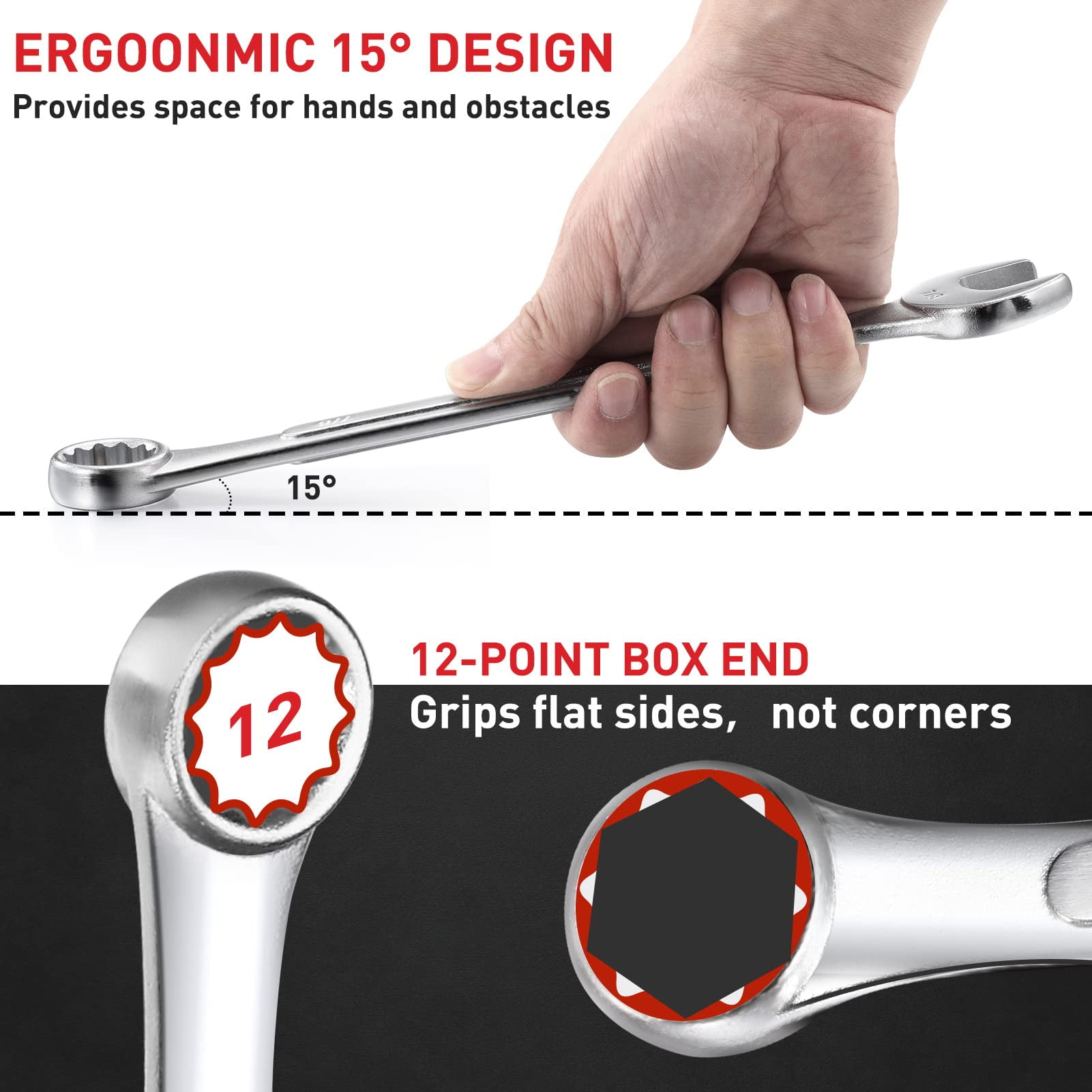 Combination Wrench Set Metric,10-Piece 6-19mm Combination Wrenches 12-Point Chrome Vanadium Steel Wrench Set with Rolling Pouch