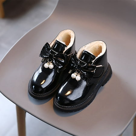 

TOWED22 Toddler Boy Boots Fashion Autumn And Winter Girls Snow Boots Thick Bottom Non Slip Warm And Comfortable Cute Bow Pearl Black