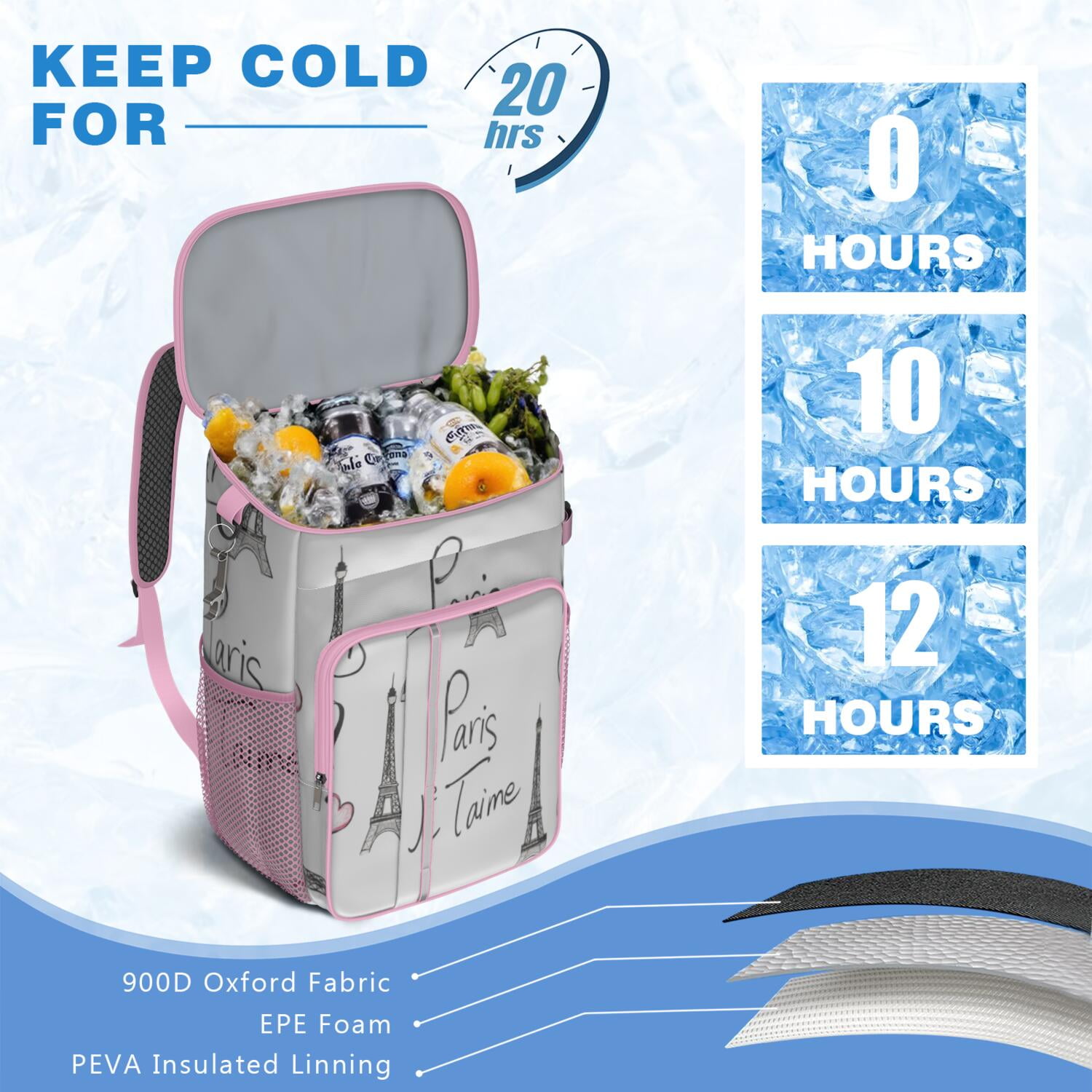 Tower Pink Cooler Backpack Insulated Waterproof Leak Proof Insulated Cooler Backpack Lightweight Lunch Picnic Camping Backpack Cooler for Men Women