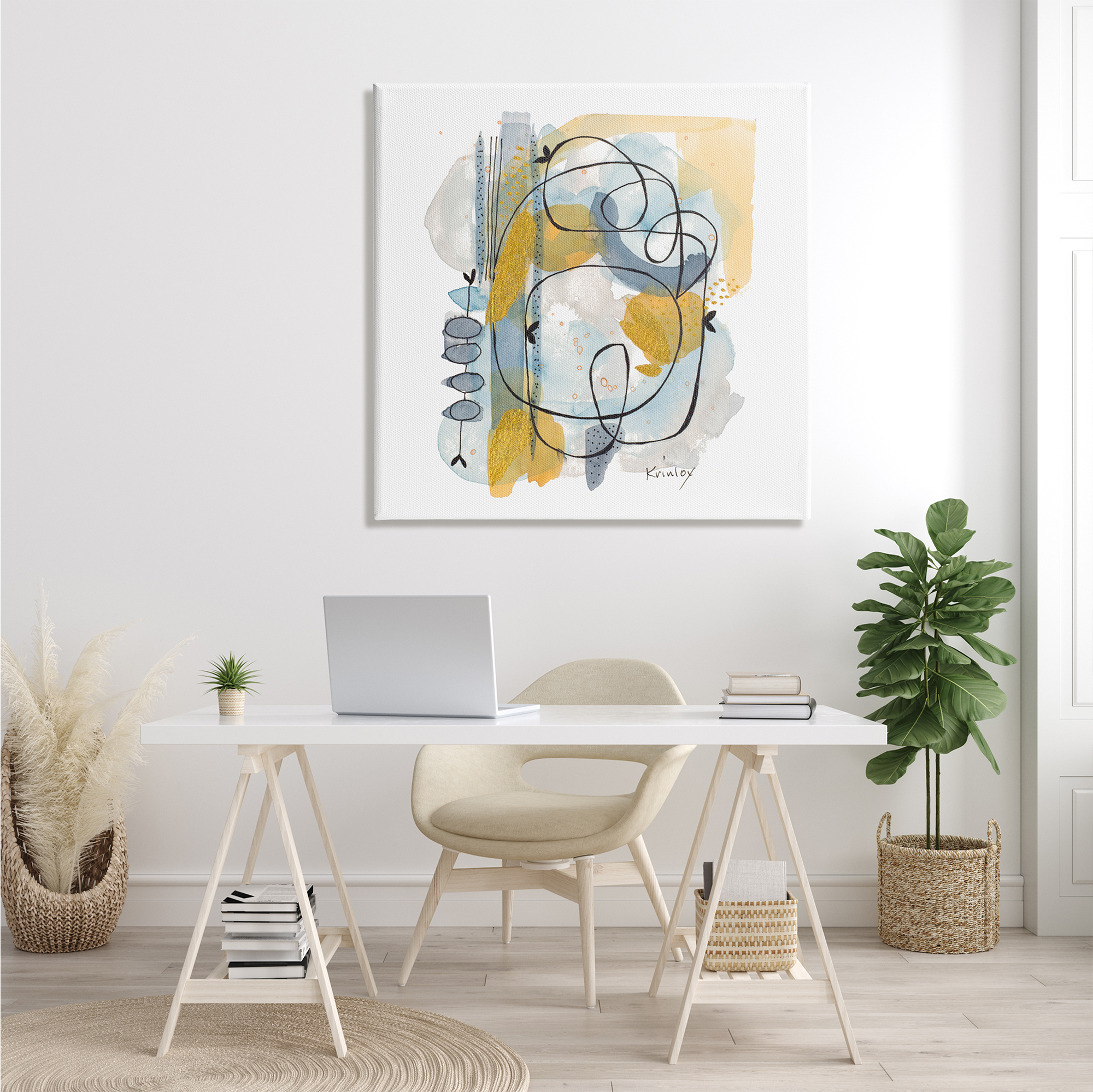 Stupell Industries Modern Leaf Line Abstraction Yellow Blue Watercolor Abstract Painting Gallery Wrapped Canvas Print Wall Art, 36 x 36