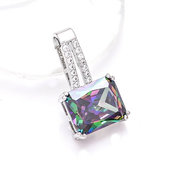 Rainbow Mystic Fire Topaz, CZ 925 Sterling Silver Platinum Plated Pendant 0.80" P7954, Rainbow Mystic Topaz Pendant, Gift For Her, Octagon Pendant, Ra