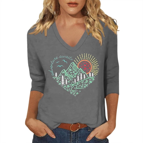 CONZONE Women's T-Shirts 3/4 Sleeve T-Shirts for Women Trendy Graphic Soft Loose Fit 2026 Fashion Tops for Lady