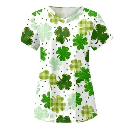 

St. Patrick s Day Nurse Scrubs for Women Green Pattern Graphic Casual Scrub Tops Short Sleeve V Neck Working Uniform