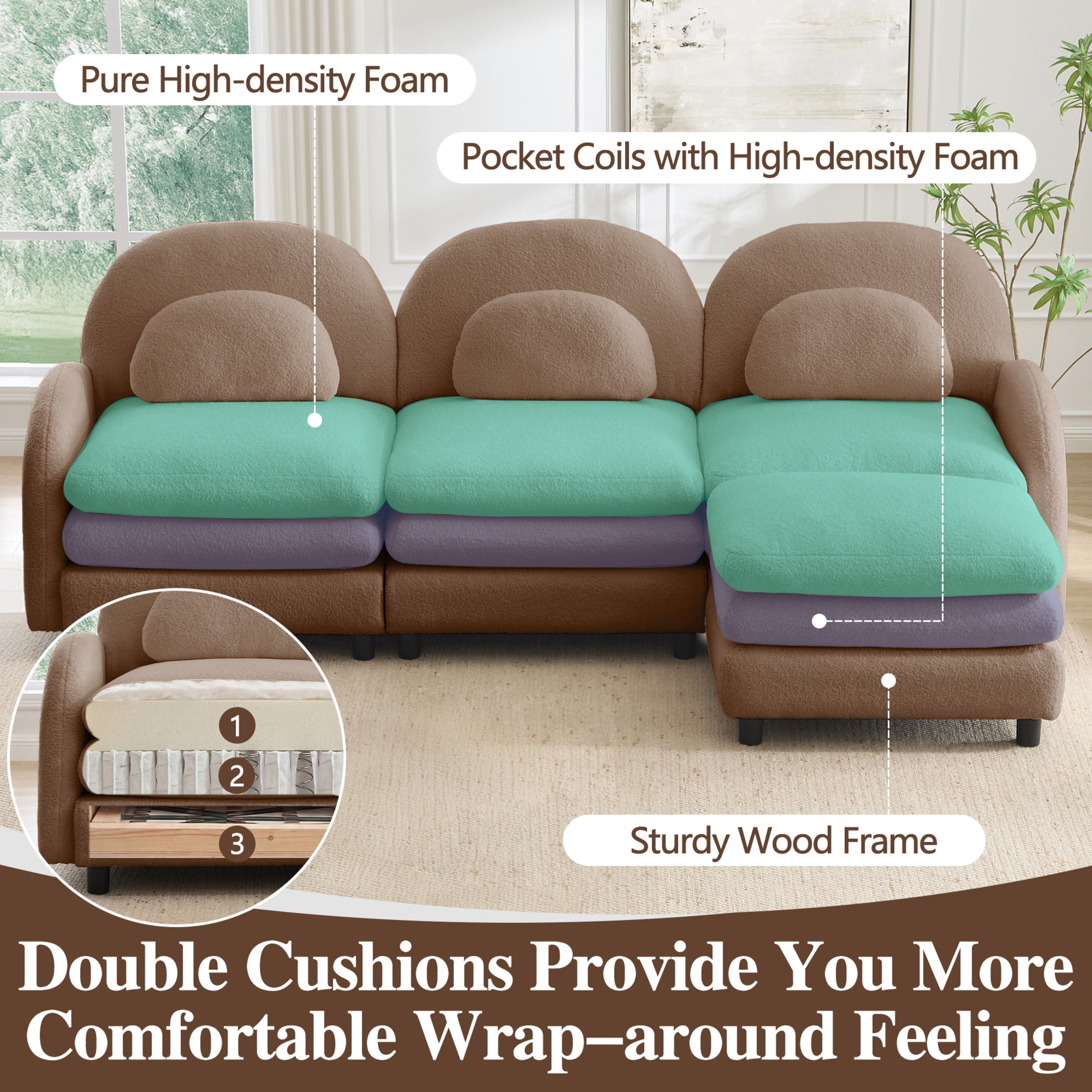 Noble House Windsor Teddy Fabric 4-Seater Sectional Sofa, Modular Cloud Couch with Ottoman and Lumbar Pillows, Camel