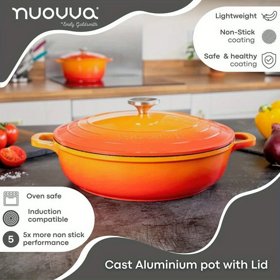 Dutch Oven Pot with Lid Non Stick Dutch Oven for  Bread Baking Cast Aluminum Cooking Pot Oven Safe Stock Pot 4- Quart, 11 Inch, Orange by Nuovva