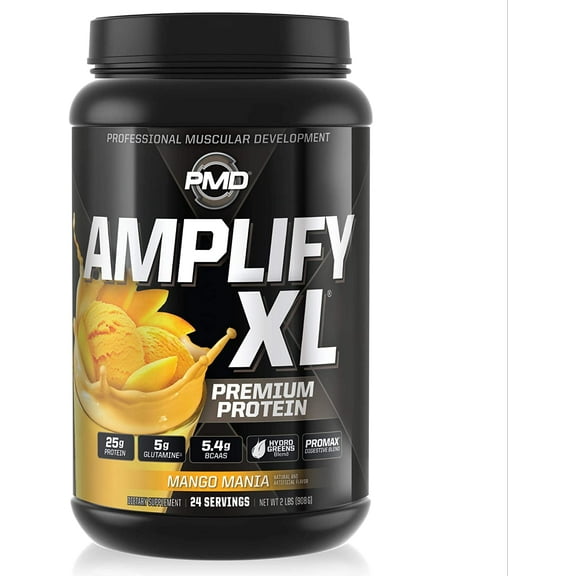 PMD Sports Amplify XL Premium Whey Protein Supplement Hydro Greens Blend - Glutamine and Whey Protein Matrix with Superfood for Muscle, Strength and Recovery - Mango Mania (24 Servings)
