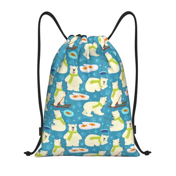 Fotbe Cute Polar Bear Fishing Bolsa Mochila con Cordón Estampada, Bolsa de Gimnasio Deportiva, Bolsa Cinch, Bolsa con Cordón para Hombres y Mujeres-Small