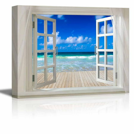 Wall26 - Glimpse into Clear Blue Sea and Wood Deck Out of Open Window - Canvas Art Wall Decor - 32