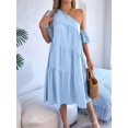 thumbnail image 4 of Women One Shoulder Beach Vacation Casual Puff Sleeve Tiered A Line Flowy Sun Dress Light Blue L, 4 of 9