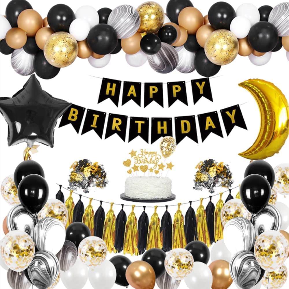 YANSION Birthday Decorations for Men Women, Black and Gold Balloons Party  Decorations Happy Birthday Banner for 18th 30th 40th 50th 60th Birthday  Party Supplies for Men 