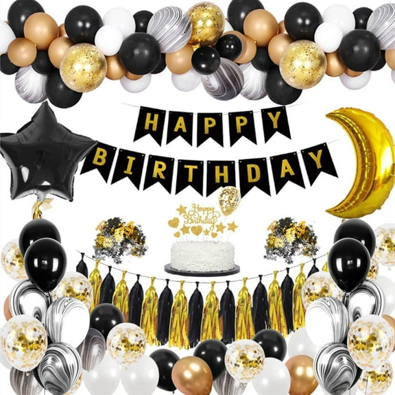 MMTX Black Gold Birthday Decoration Men, Black Gold Silver Agate Balloon Garland Kit with Banner, Black Gold Tassels Star Moon Foil Balloons for Men Women 30th 40th 50th Birthday Anniversary
