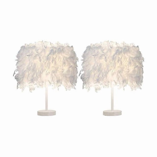 Set of 2 Feather Light Fixture, Bedside Lamp, Modern Table Lamp, Button Switch, E27 Holder, Home Bedroom Decoration, White