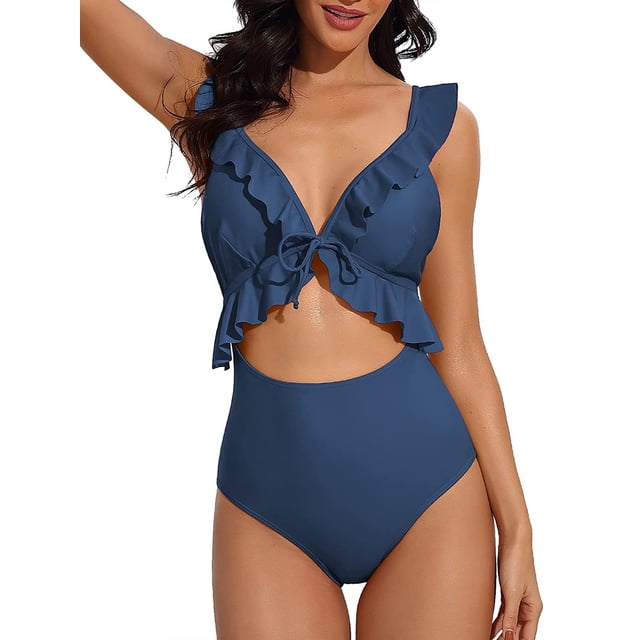Charmo One Piece Bathing Suit for Women Ruffle Cut Out Swimsuits Strappy Monokinis