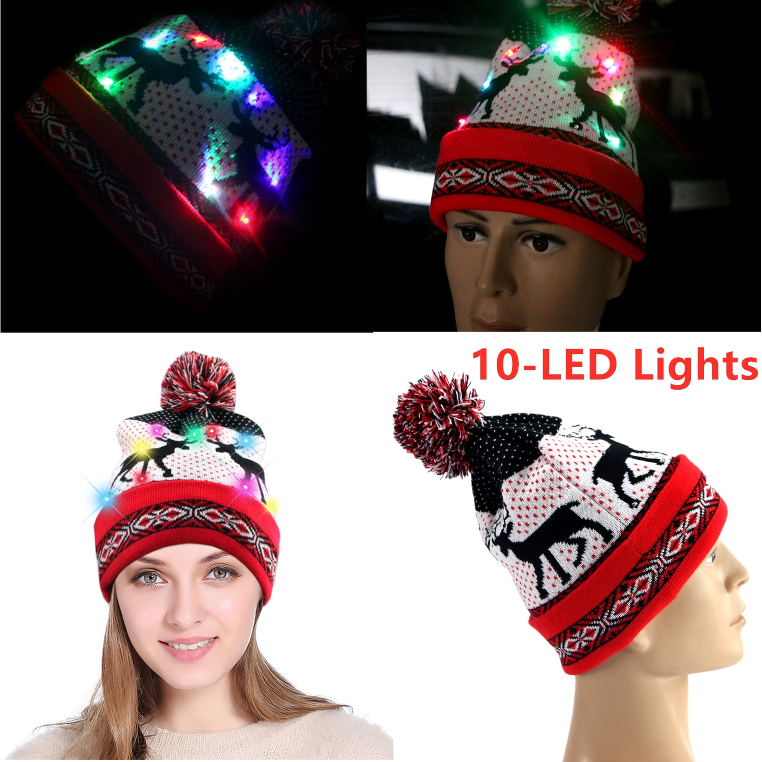 Mchochy Unisex 6 Colorful LED Light-up Ugly Sweater Christmas Hat Knitted Xmas Party Beanies Cap
