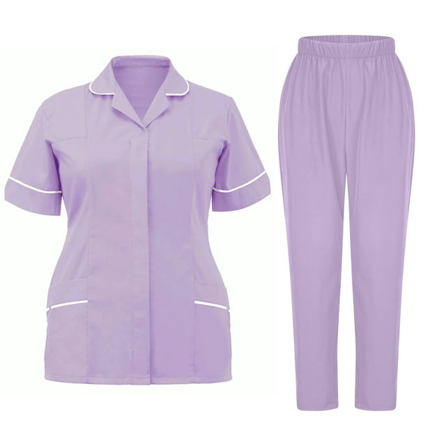 Styesk Sarraus pour Femmes Ensembles de Sarraus Extensibles à Empiècements Pantalons de Sarrau Taille Haute Col à Revers Haut de Sarrau à Manches Courtes Ensemble 2 Pcs d'Uniformes d'Infirmière avec Poches Sarraus Confortables Grande Taille Tenue de Travail