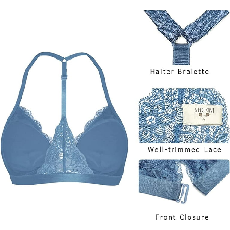 SHEKINI Women's Lace Bra Wireless Padded Triangle Bralettes for Women Front  Closure Halter Bras for Women 