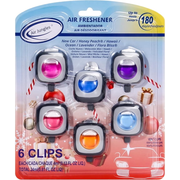 Air Jungles Car Air Freshener Clip, 6 Variety  Vent Clips, 4ml Each, Long Lasting Air Freshener for Car, Up to 180 Days Car Refresher Odor Eliminator