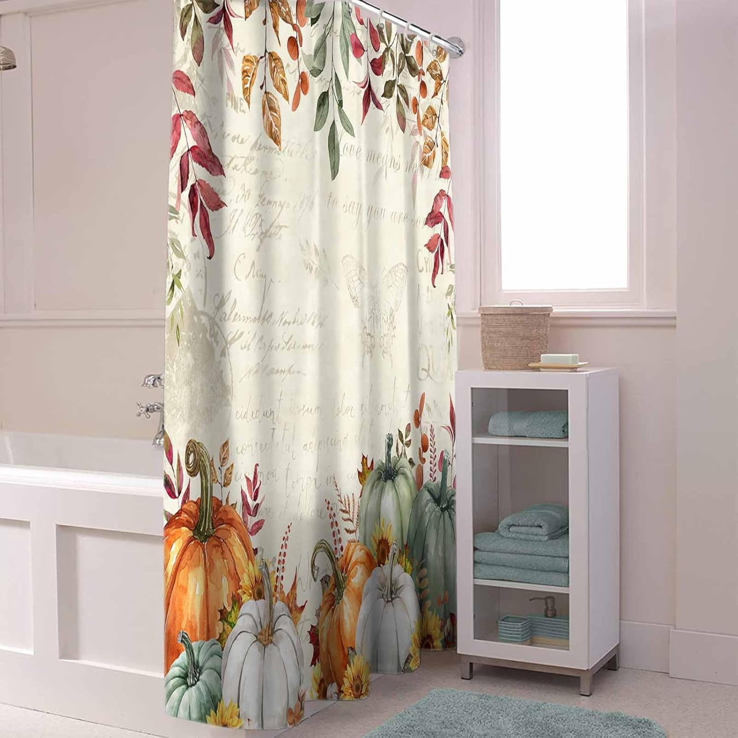 Fall Shower Curtain Sage Green Pumpkin Shower Curtains for Bathroom Sunflower Eucalyptus Leaves Retro Bath Curtains Sets with Hooks for Autumn Thanksgiving Seasonal Decor Extra Long 84" X 72"