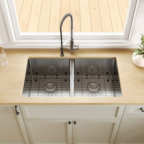 33 in. Rectangular Double Bowl Undermount Kitchen Sink in Silver Grey Stainless Steel with Grid and Strainer