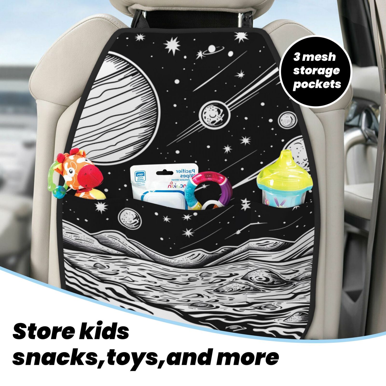 Kdxio Cosmic Landscape Celestial Art Print 2 Pack Car Kick Mat Seat Cover Back Protector Mat with Pockets for Organizer Backseat Protector and Storage Anti Kick Pad for Vehicles