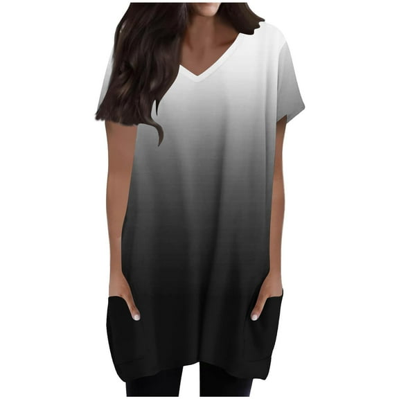 Hvyesh Long Shirts for Women for Leggings 2025 Summer Gradual Tunic Tops Loose Fit Dressy V Neck Tshirt with Pockets