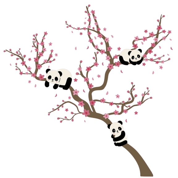 Cherry Blossom Branch with Chinese Theme Art Design for Women's Room Vinyl Wall Decal - Beautiful Pink Flower with Cute Pandas Artwork for Girl's Bedroom Wall Decoration 20" x 20"