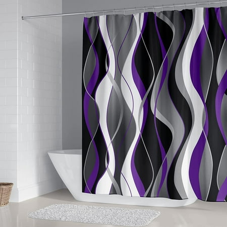 Newhomestyle Purple Pinstripe Ripple Pattern Shower Curtain, Waterproof Shower Curtain with 12 Hooks, Fabric Machine Washable Curtains, 72x 72 Inches