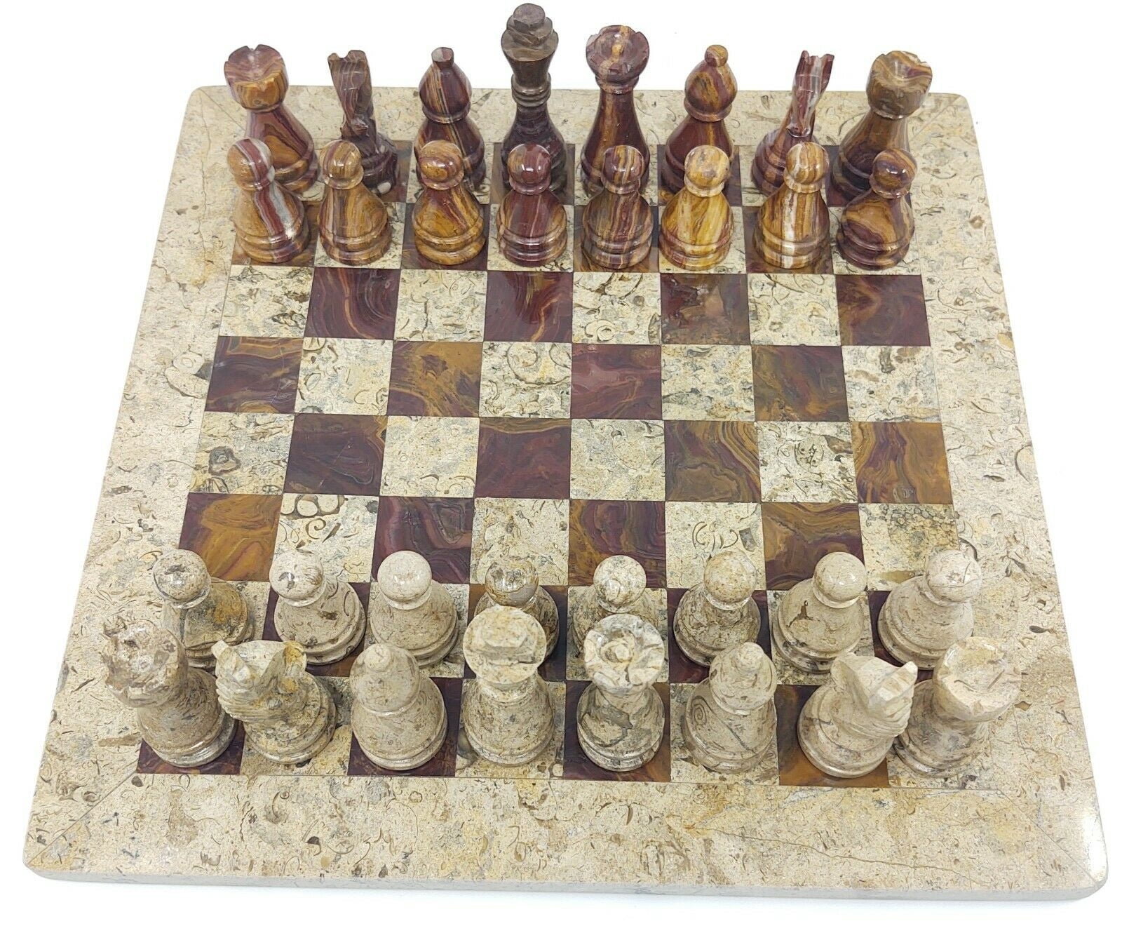 JT Handmade Fossil Coral and Dark Brown / Red Marble Chess Game Set – 12 inch