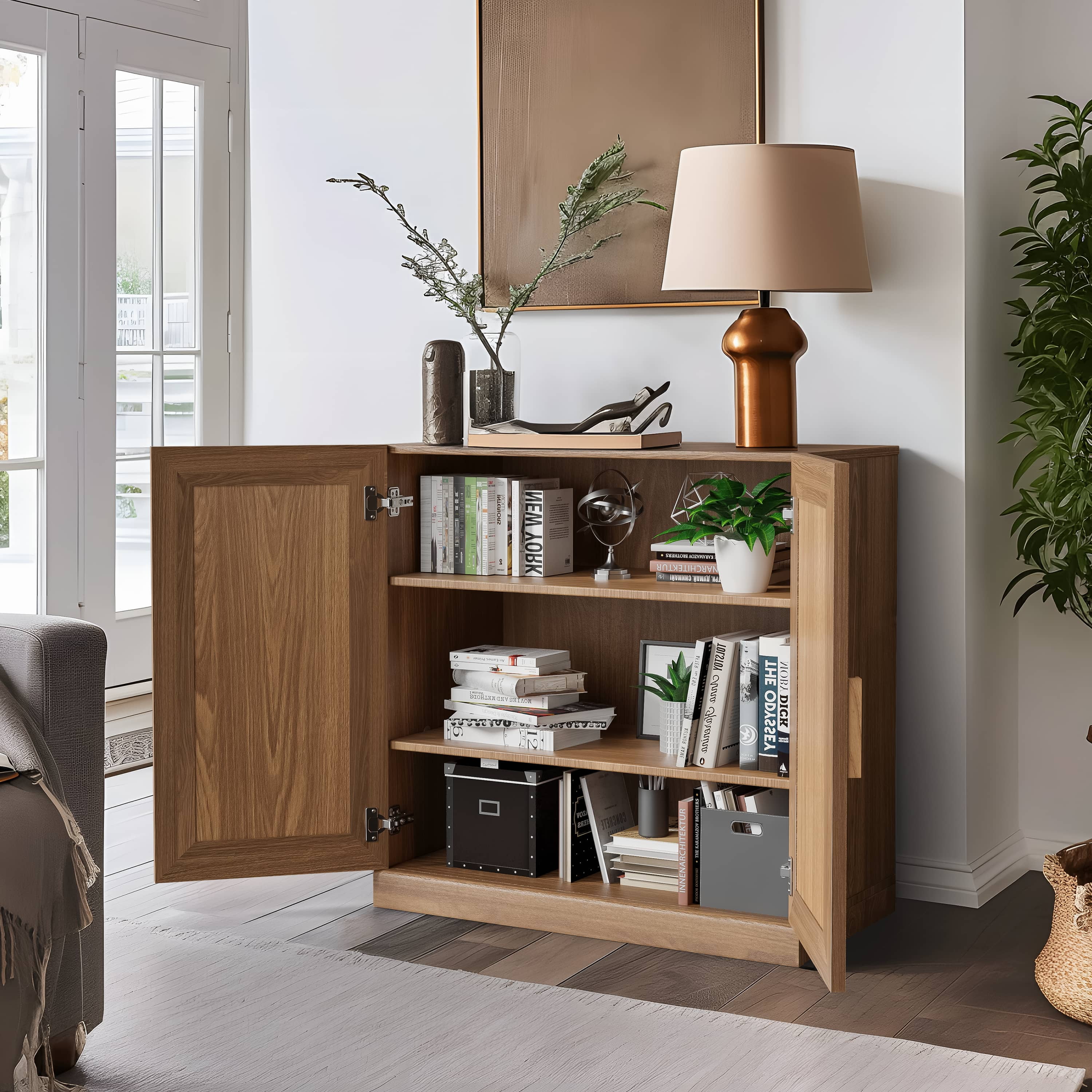 MAYEERTY 31"x31"x16" Storage Cabinet Wood Accent Cabinet for Living Room,Natural Wood