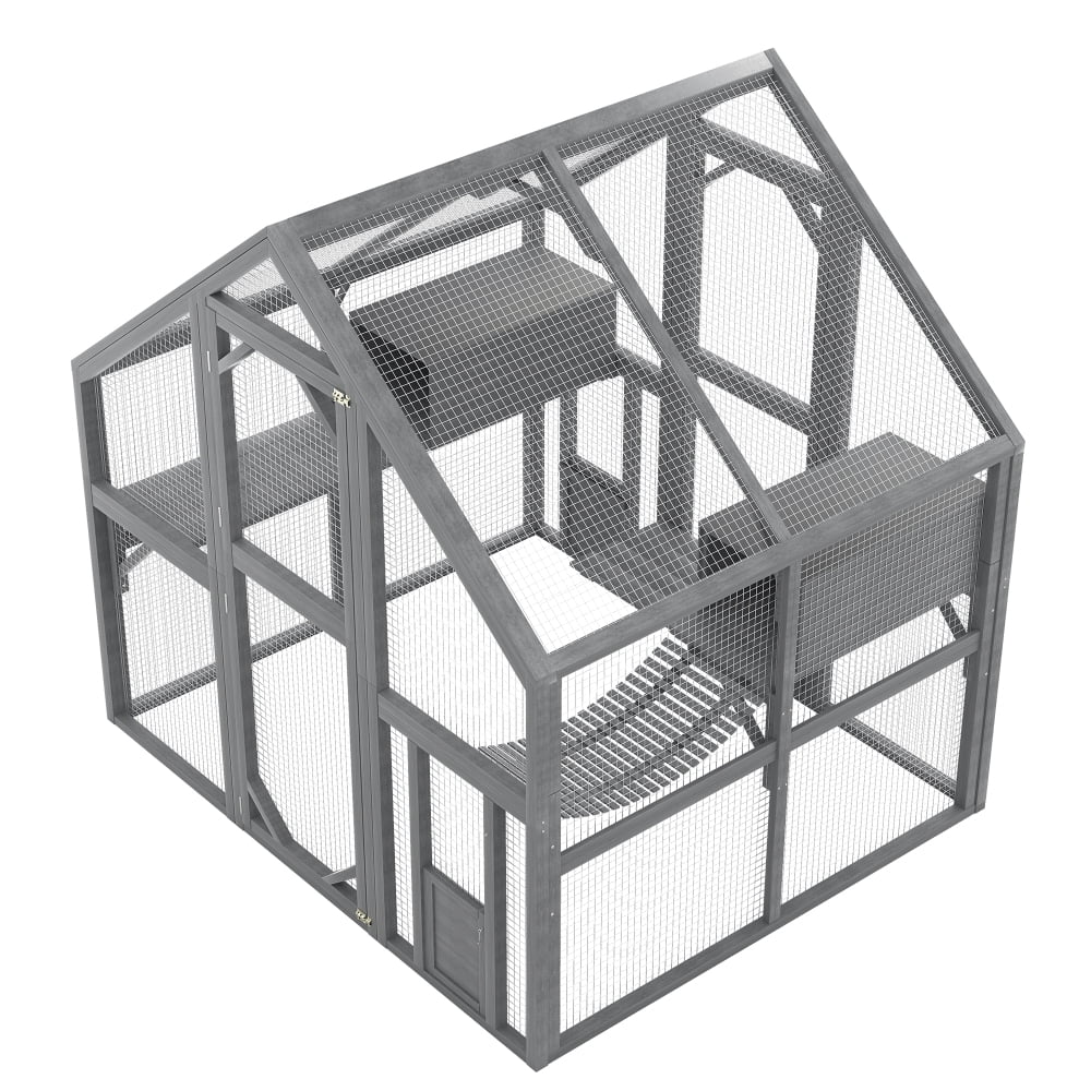 Large Wooden Outdoor Cat Enclosure, Multi-Cat Catio with Platforms, Resting Boxes & Bridge, Waterproof UV Proof Canopy Included